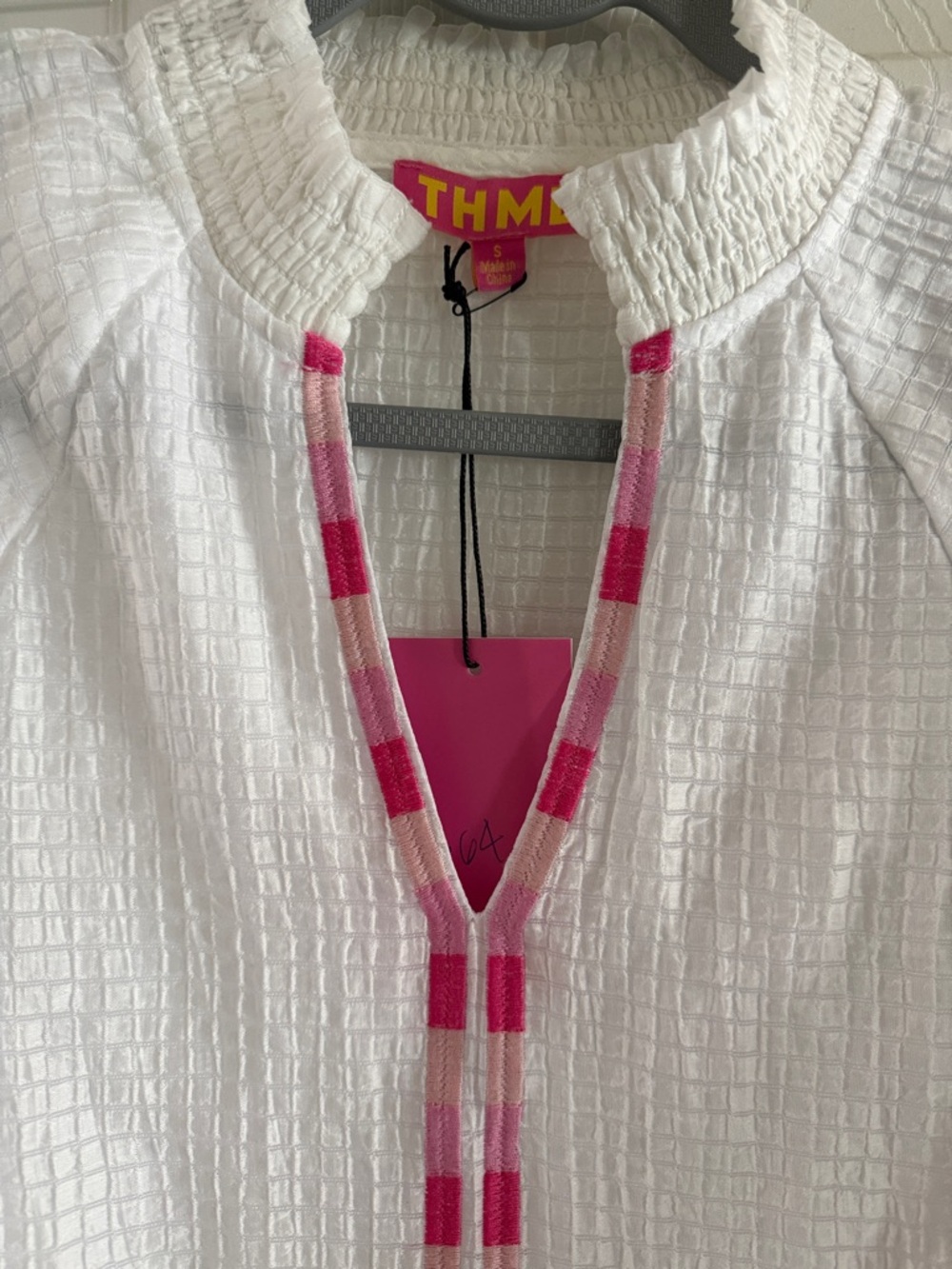 THML White Peasant Top with Pink Trim and Floral Embroidery - Picture 4 of 6